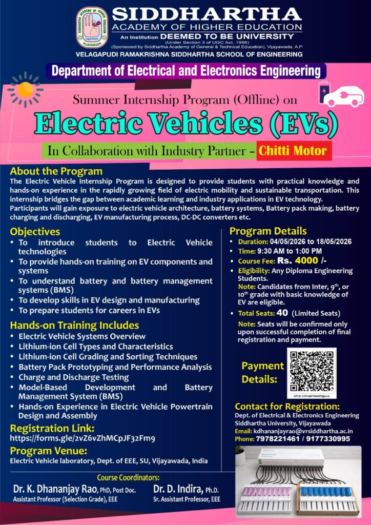 Summer Internship Program (Offline) on Electric Vehicles (EVs ...